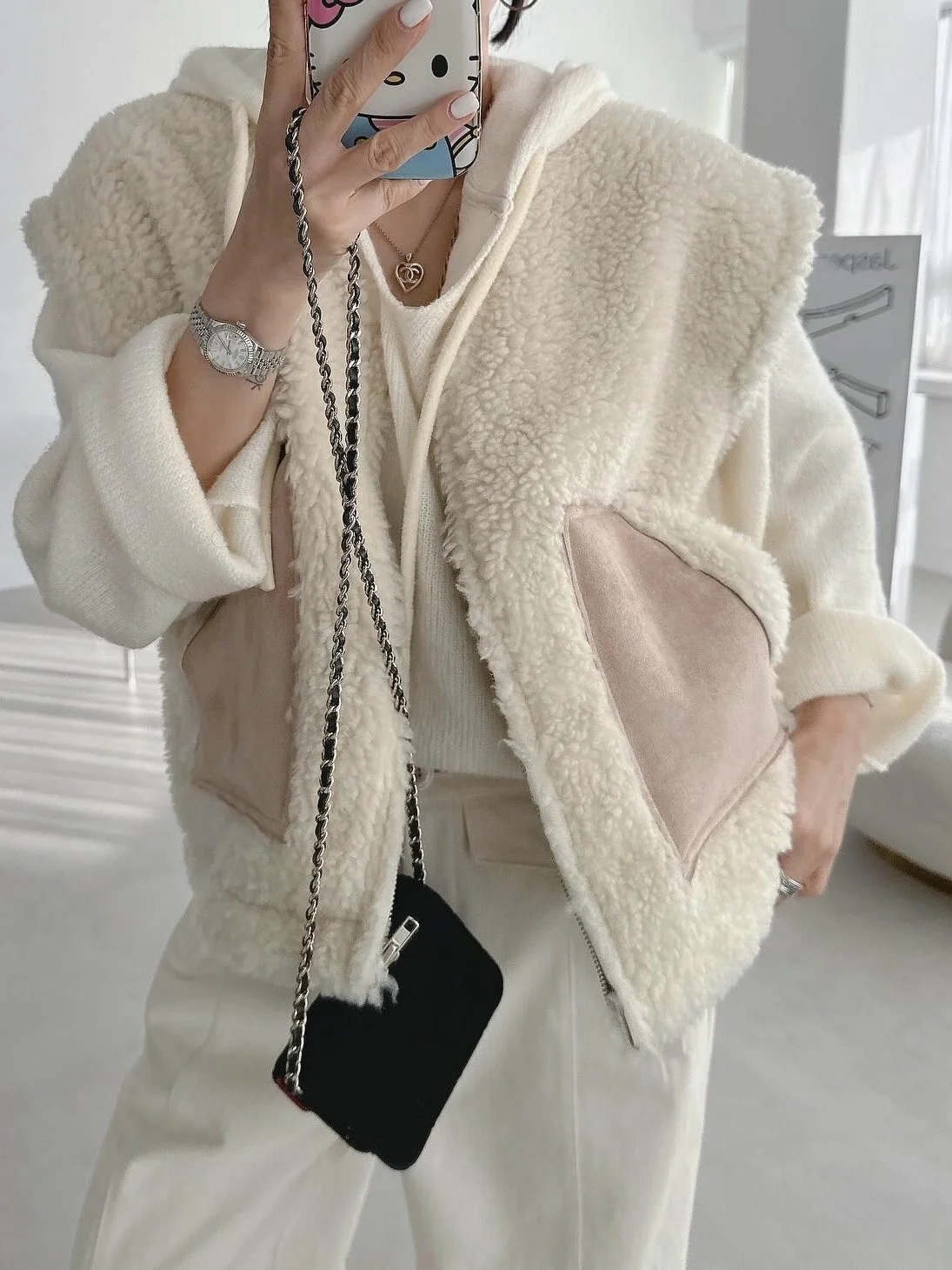 Women's Lamb Fur Vest ort Jaet Svel Two-Way Wear Cotton Coat with kets Autumn Winter New Sle Commute Sle