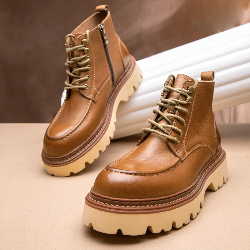 Men's Motorcycle Boots Genuine Leather High Top Motorbike Ankle Boots Thick Soled Vintage Round Toe Casual Punk Dress Shoes - Image 3