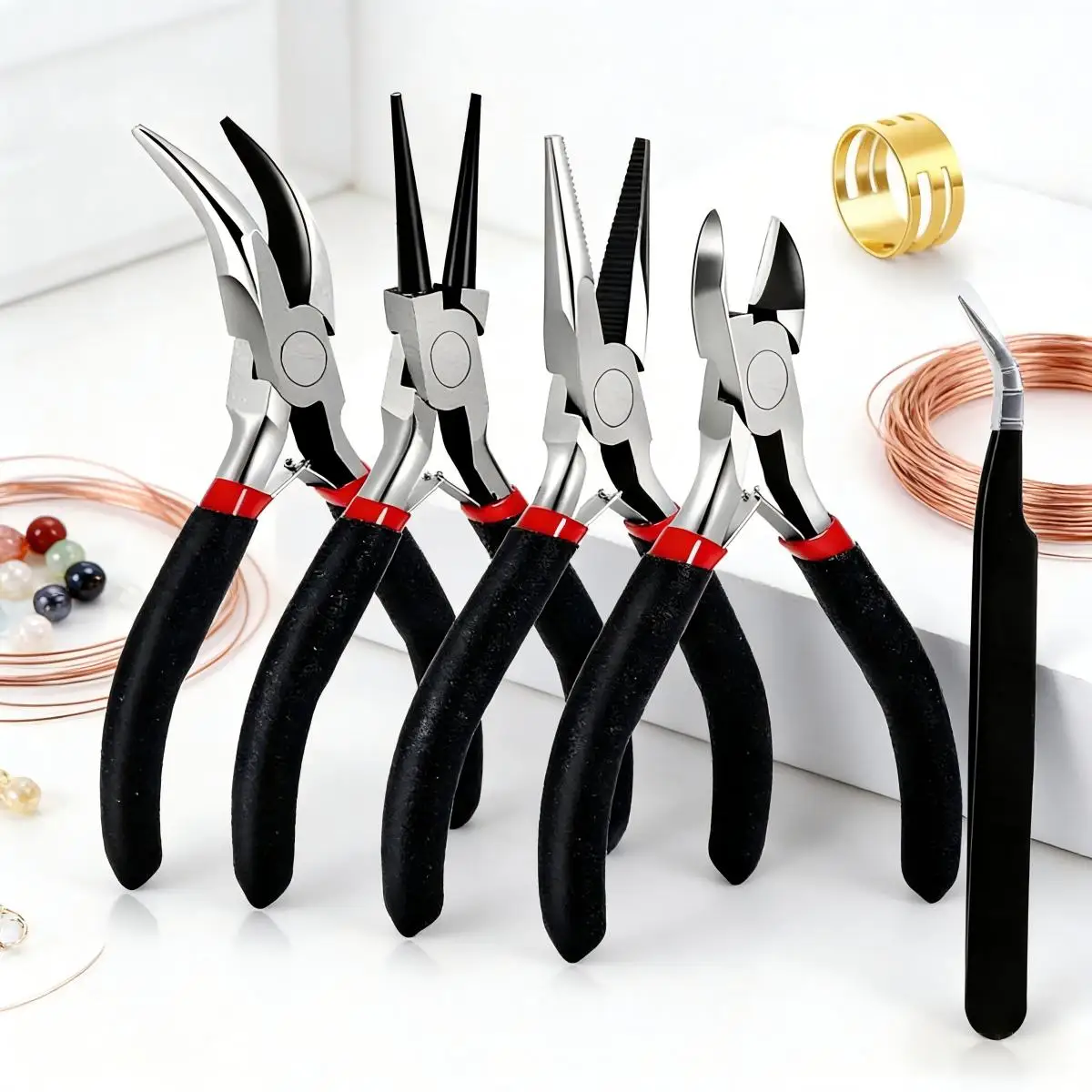 

Complete Jewelry Making Tools Set: 4 Pliers (Bent Nose, Round Nose, Needle Nose, Side Cutter) + Tweezer for Jewelry Making, Wire