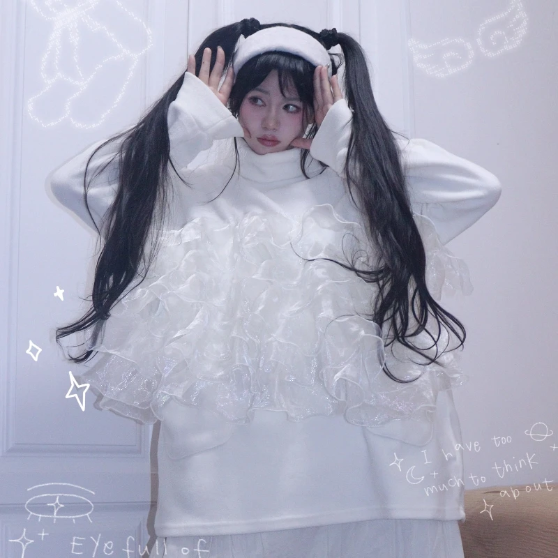 Otoño Invierno blanco nuevo terciopelo granular encaje cuello alto mujer Top diseño Original versátil manga larga bolsillo sudadera chica