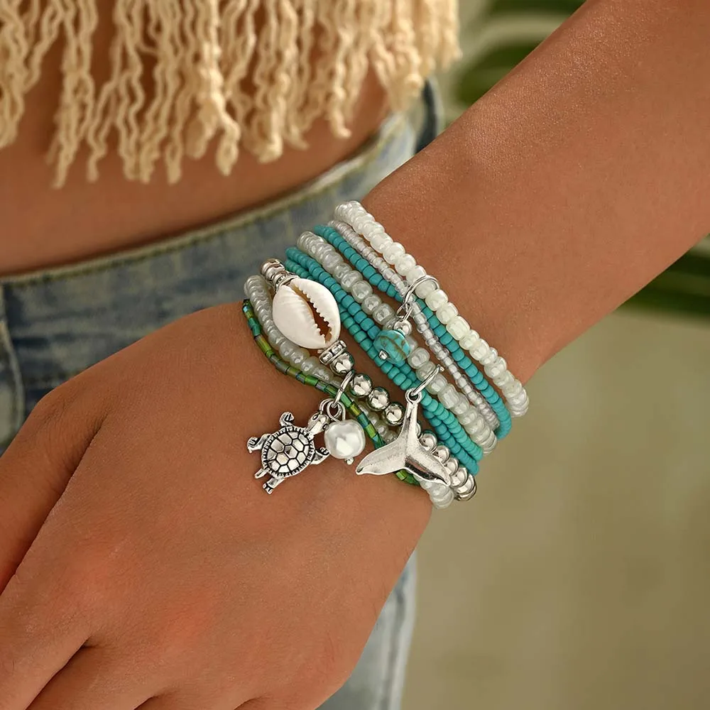 Bohemian Ocean Turtle Shell Charm Stackable Bracelet Set Sea Element Summer Beach Hand Jewelry Accessory Boho Beaded Wrist Chain
