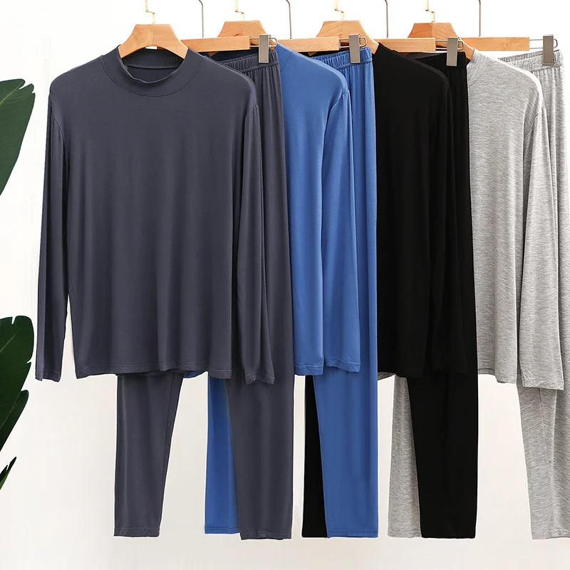 Men's Modal Long Sleeve Thermal Underwear Thin Loose Fit Half High Collar Two-Piece Set for Autumn Winter Warm Home Clothes