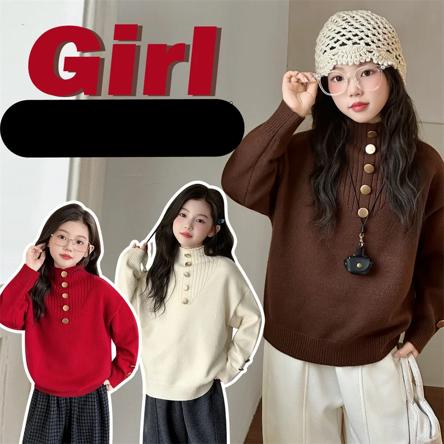 

2026 New Spring School Kids Jumper with Buttons For Teen Girls Fashion Knitted Sweater Children Autumn Elegant Knitwear Age 5-14