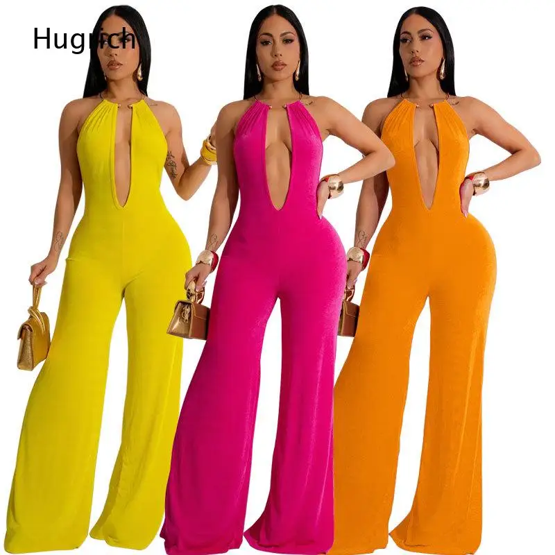 Women Hot Pink Halter Deep Keyhole Front Bodycon Flared Wide Leg Jumpsuit Slinky Club Party Long Jumpsuit