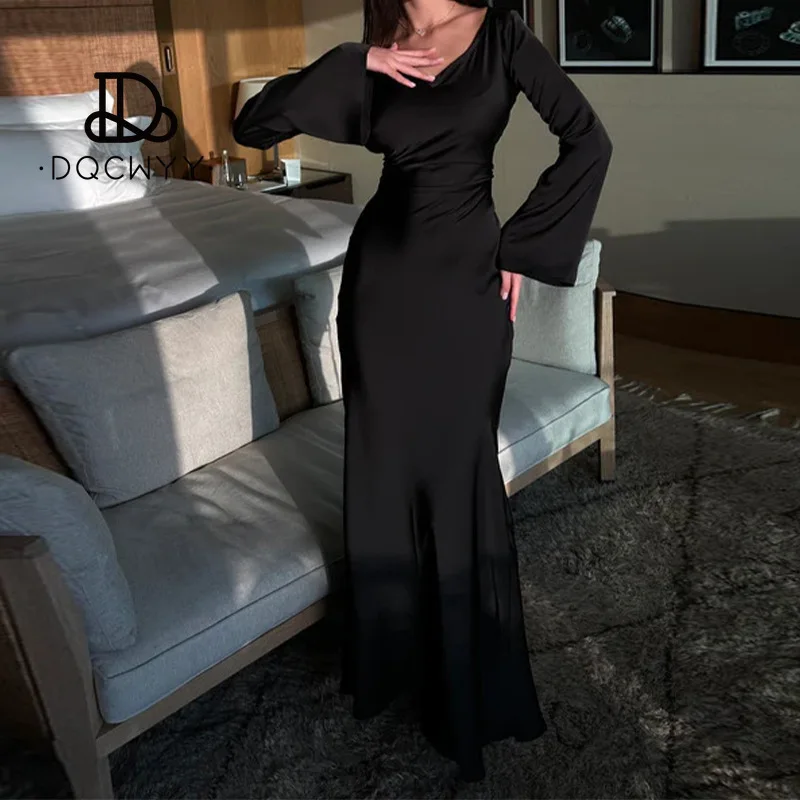Womens Dresses 2025 New Long Dresses Fashion Simple Round Neck Satin Flare Sleeve Lace Up Slim Evening Party Dresses Sexy Dress image 6
