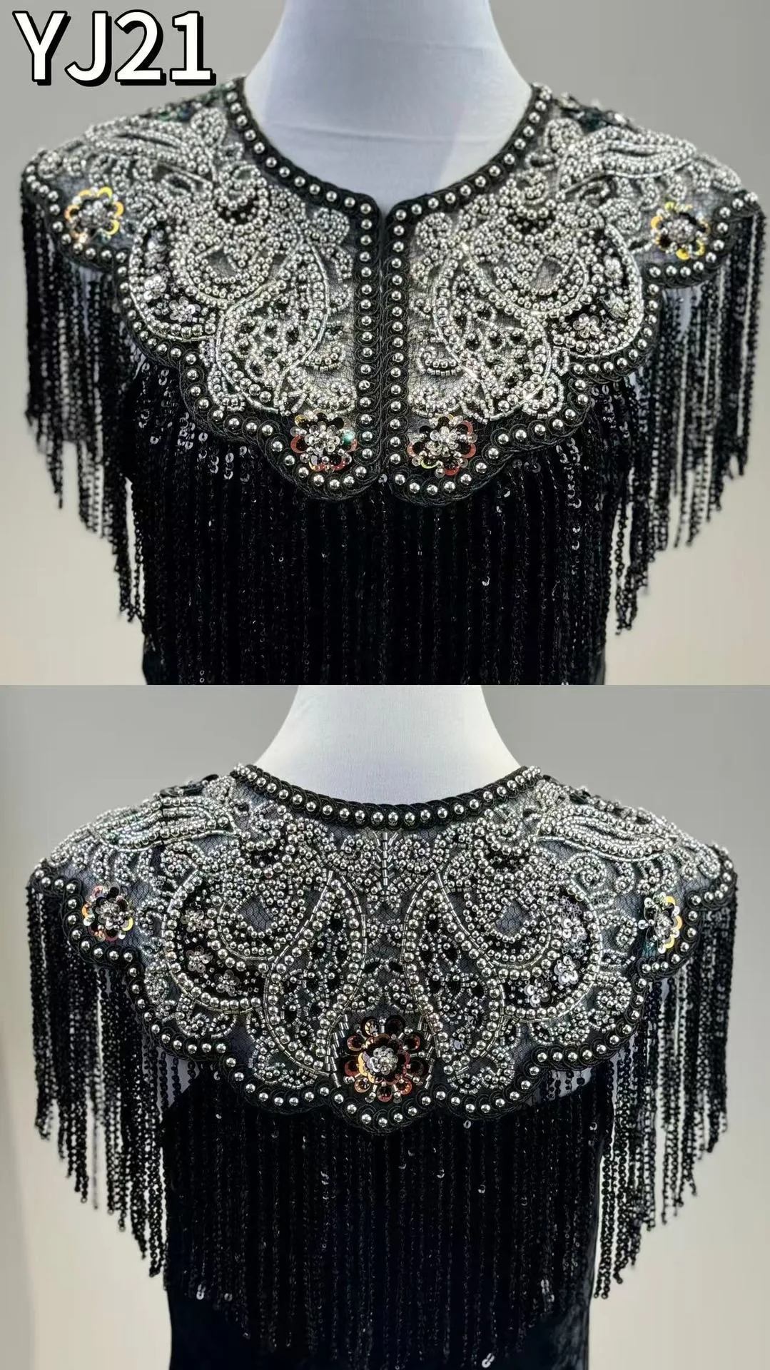 Handgefertigter, mit Perlen besetzter, langer Quasten-Abendmantel, hochwertiger Bankett-Partykleid-Jacken-Abendmantel, Schwalbenschwanz-Mantel – Detail 1