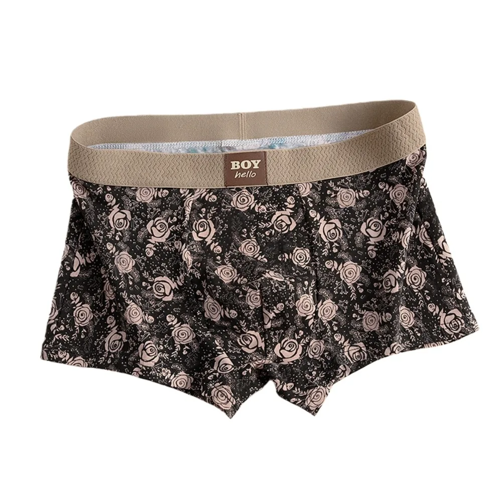 

L-3XL Plus Size Men's Boxer Briefs Retro Rose Flower Mid Waist Underwear for Man Lingerie Elastic Shorts Underpants Gifts