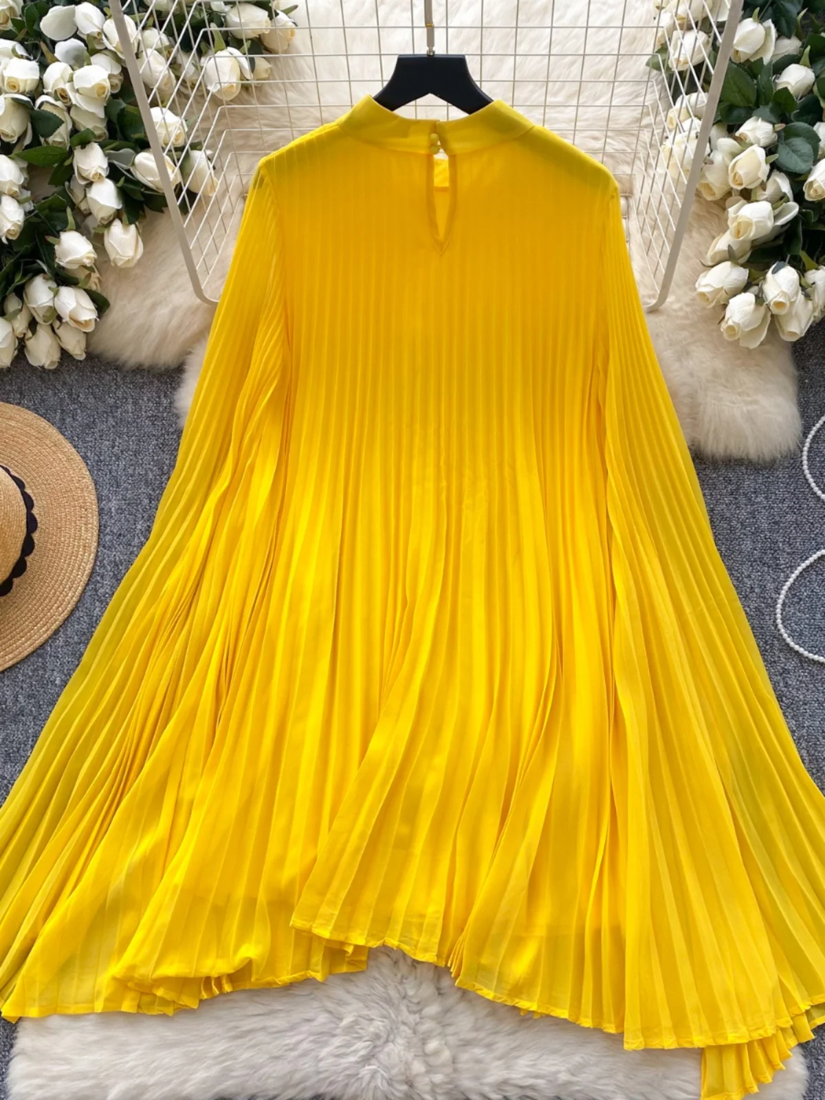 Printemps femmes ample pour Dr avec cloche Sves plissé minceur conception taille haute a-ligne longue Dr coréen Sle trajet