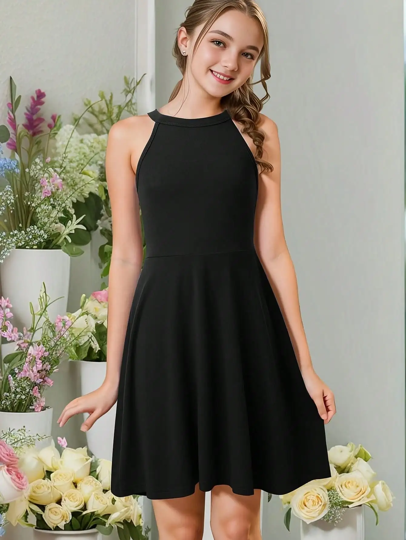 Summer Children's Sleeveless round Neck Black Dress Elegant Fashionable Solid Color Casual Long Skirt with Suspender