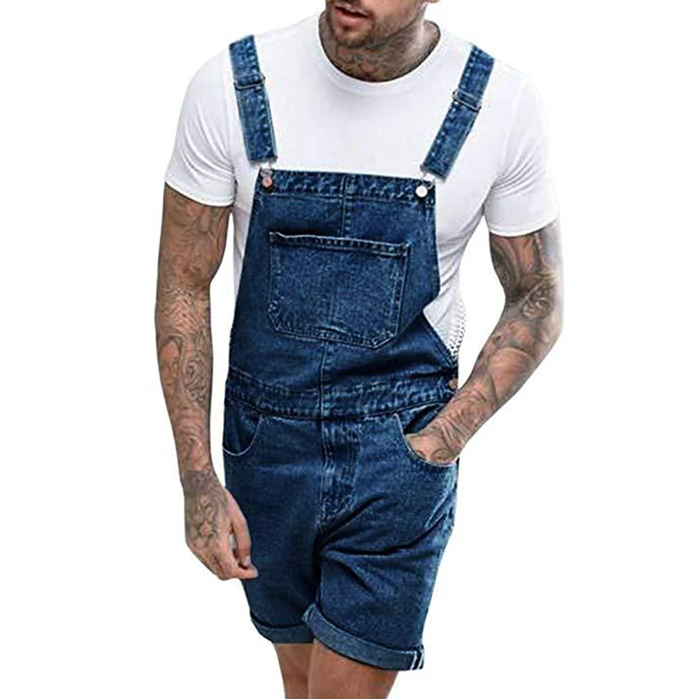 Men\'s Vintage Jeans Overalls Solid Color Elastic Denim Jumpsuit With Pockets Men Summer New Casual Button Suspenders Short Pants