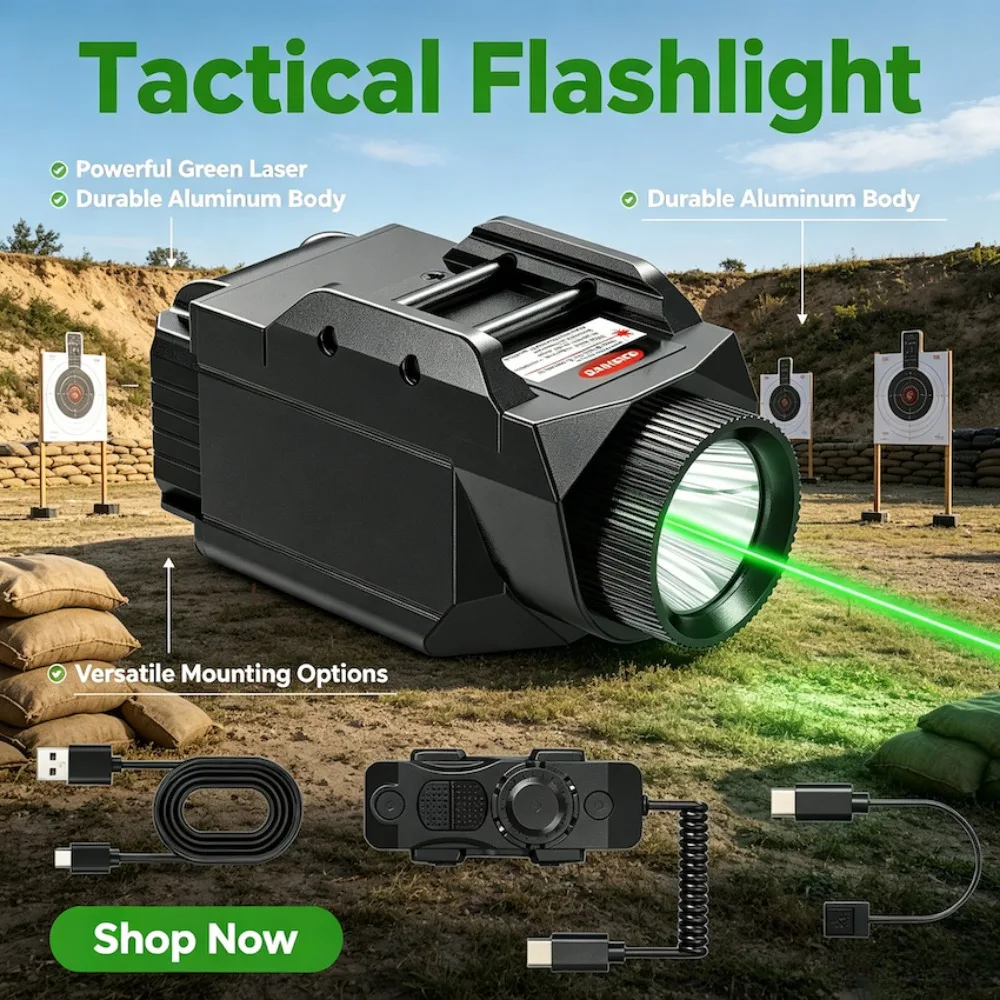 

Тактический светодиодный фонарь с USB-зарядкой, 2-в-1, с зеленым точечным светом и стробоскопом, для охоты на открытом воздухе, совместим с 20-мм планкой