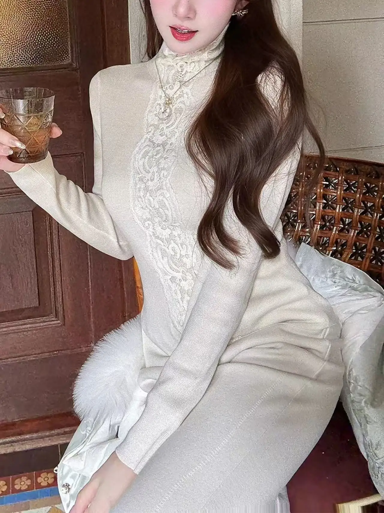 

Swan Neck High Collar Wool Lace Knitted Sweater Women's Slim Fit Base Shirt Fashionable Versatile Commute Style Long Sleeve