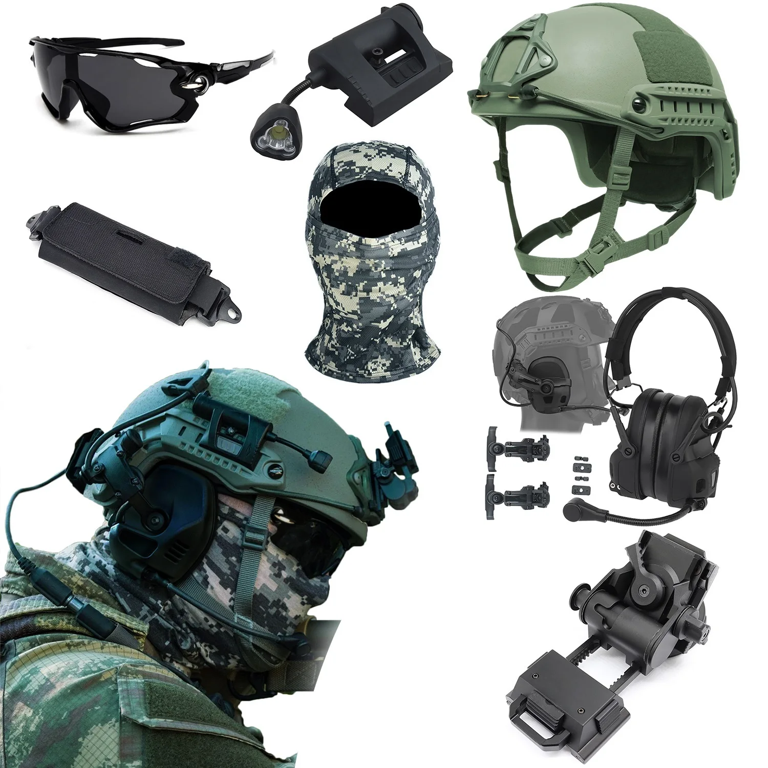 Airsoft Tactical FAST Helmet - 7 Pack Set - HD Tactical Headset - L4G24 Aluminum Alloy NVG Mount - Flashlight - Goggles