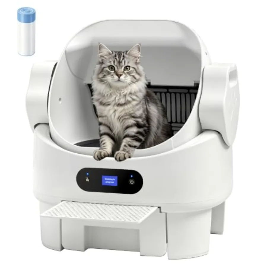 Automatic Cat Litter Box for Multi-Cat Homes: Open-Top Design with Safety Sensors, ABS Plastic, White, Hands-Free Operation Odo