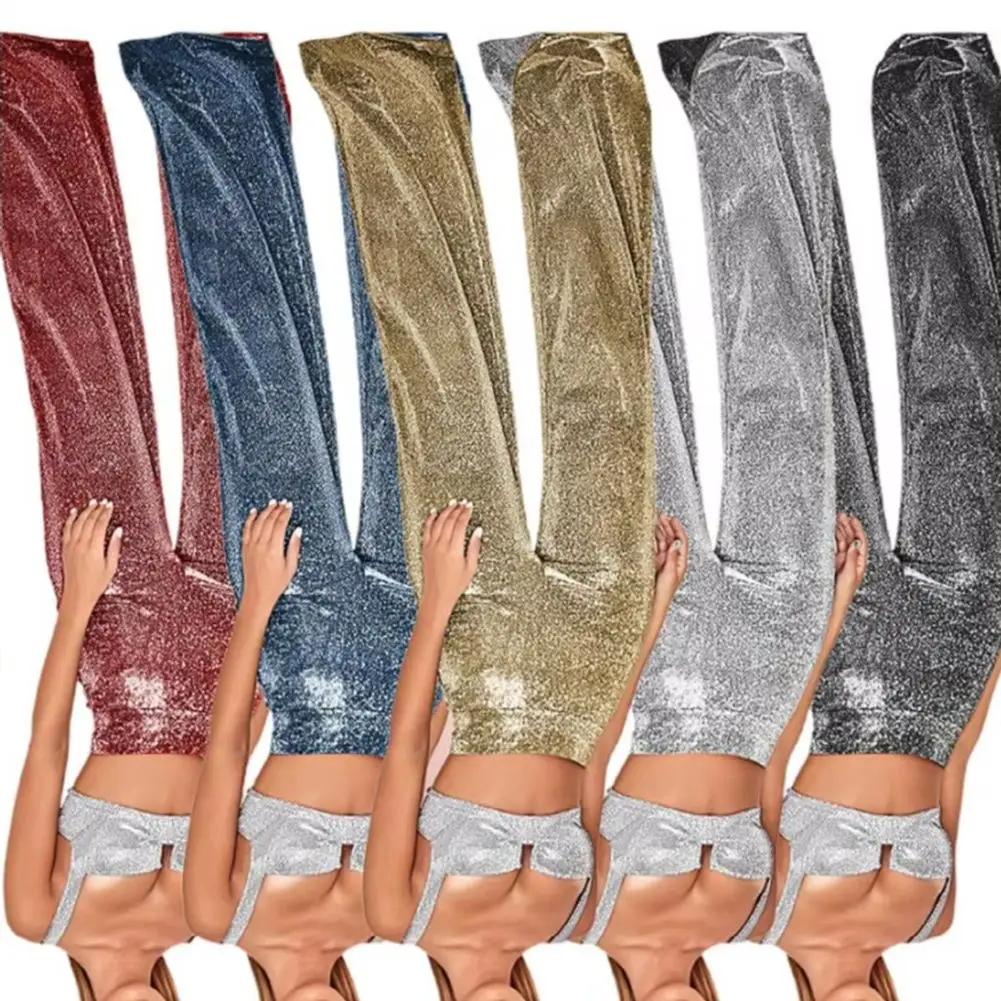 

Women Wide Leg Trousers with Hot Stamping Design Glossy Long Pants Clubs Performances Zipper Closure Glitter Pants