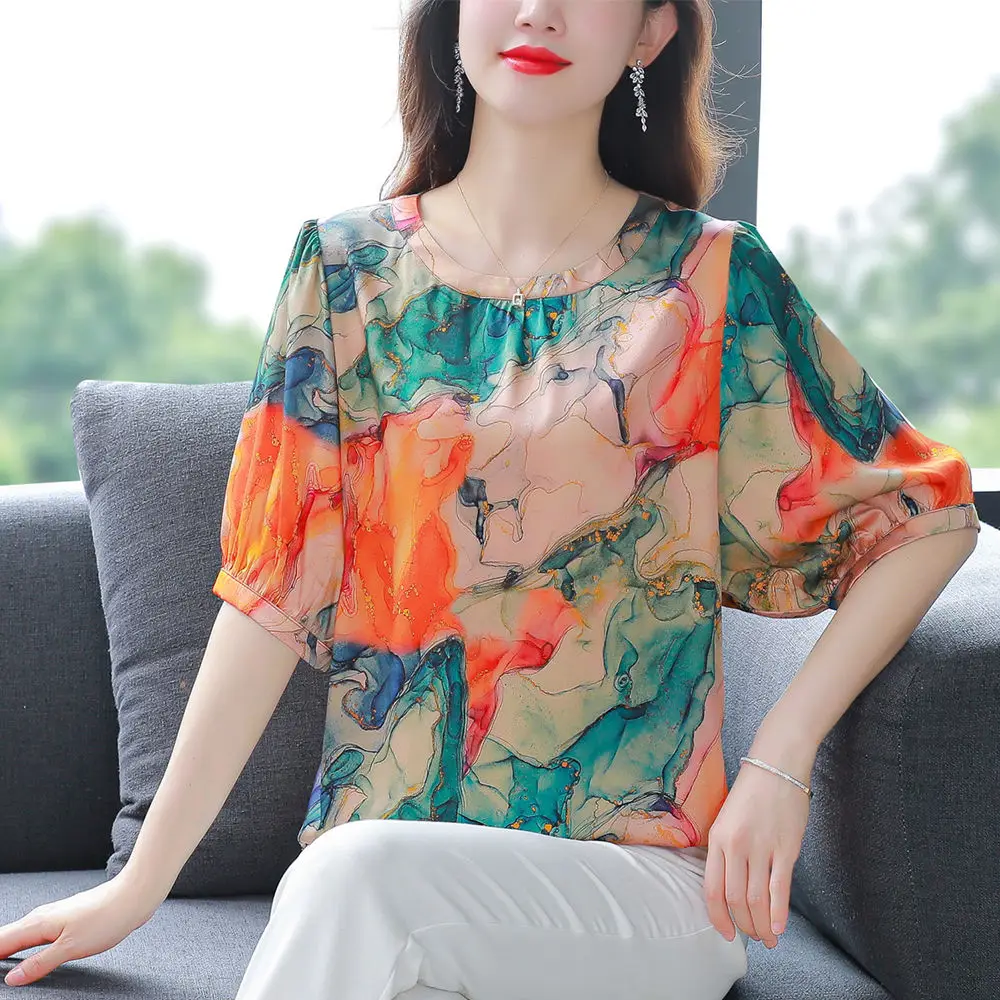 Simplicity Women\'s Clothing 2023 New Korean Elegant Summer Thin Casual Printing Geometric O-neck Short Sleeve Pullovers T-Shirts