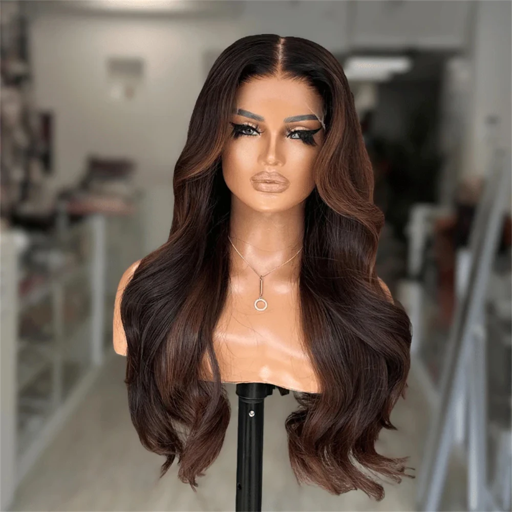 Ombre Dark Brown Synthetic HD Lace Front Wig for Women Heat Resistant Fiber Wig for Black White Women 28 Inches Soft Wave Wig