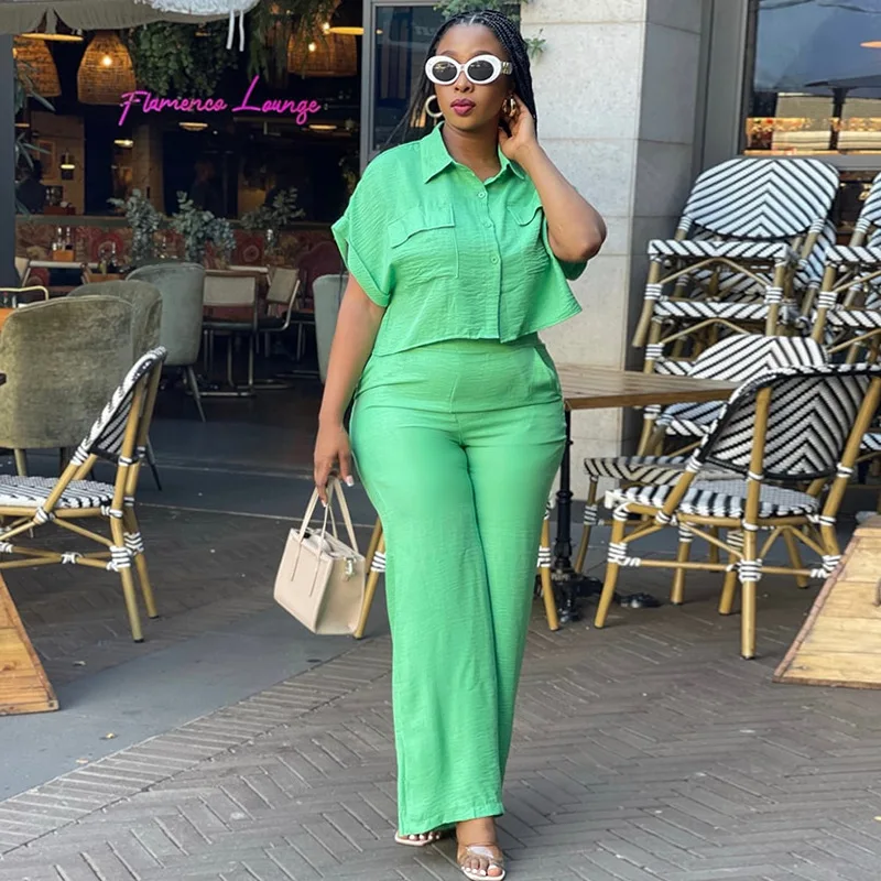 

Solid color lapel collar short-sleeved shirt wide-leg trousers casual suit fashionable simple and versatile temperament elegant