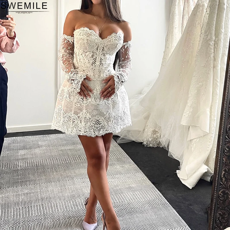 SWEMILE Lace Mini Strapless Wedding Dresses 2025 A Line Long Sleeves Bones Formal Party Homecoming Gowns Bride Dress Customized