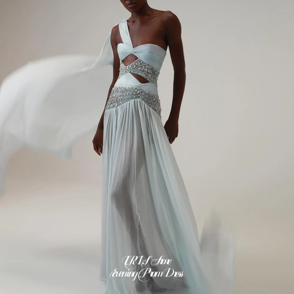 

IRIS Dreamy Light Sky Blue One Shoulder Chiffon Two Waist Cutout Beaded High Slit Floor Length Customized Evening Prom Dresses