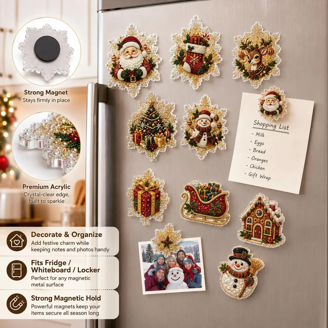 New 6pcs DIY Diamond Art Painting Christmas Acrylic Fridge Magnets Kit Pearl Craft for Holiday Home Decoration