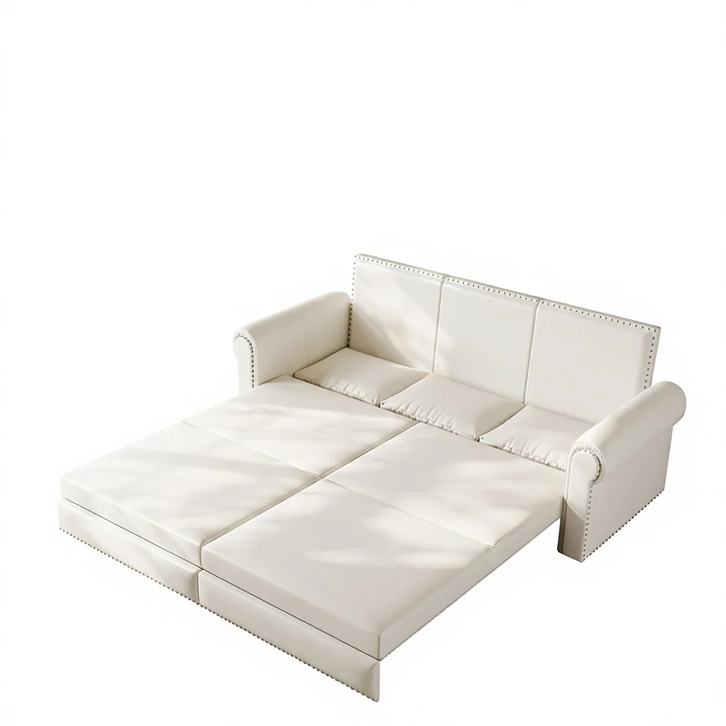 #Tabaray King Pull Sofa Bed Faux Leather Sleeper Recliner 3/1 Convertible Futon Modern Rivet Armrest Cream White for Living