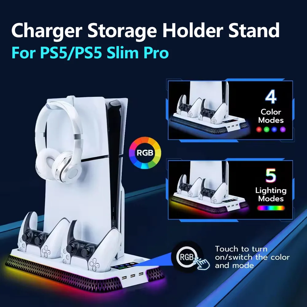 

Подставка-органайзер для зарядки и охлаждения PS5/PS5 Slim Pro с RGB LED-подсветкой и док-станцией для зарядки контроллеров PlayStation 5
