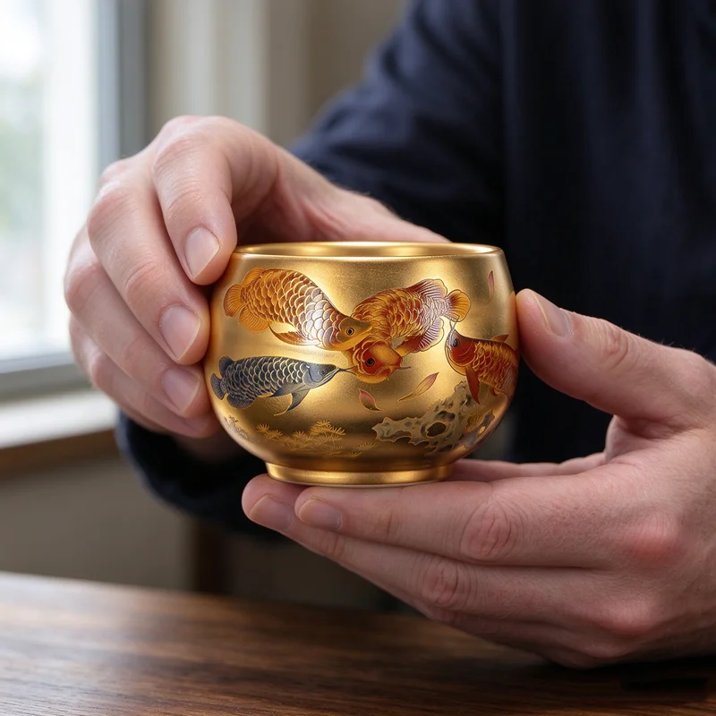 Luxury Gold Plated Arowana Pattern Teacup Handcrafted Chinese Kung Fu Master Cup 180ml Ceramic with Gift Bag Gift for Collector