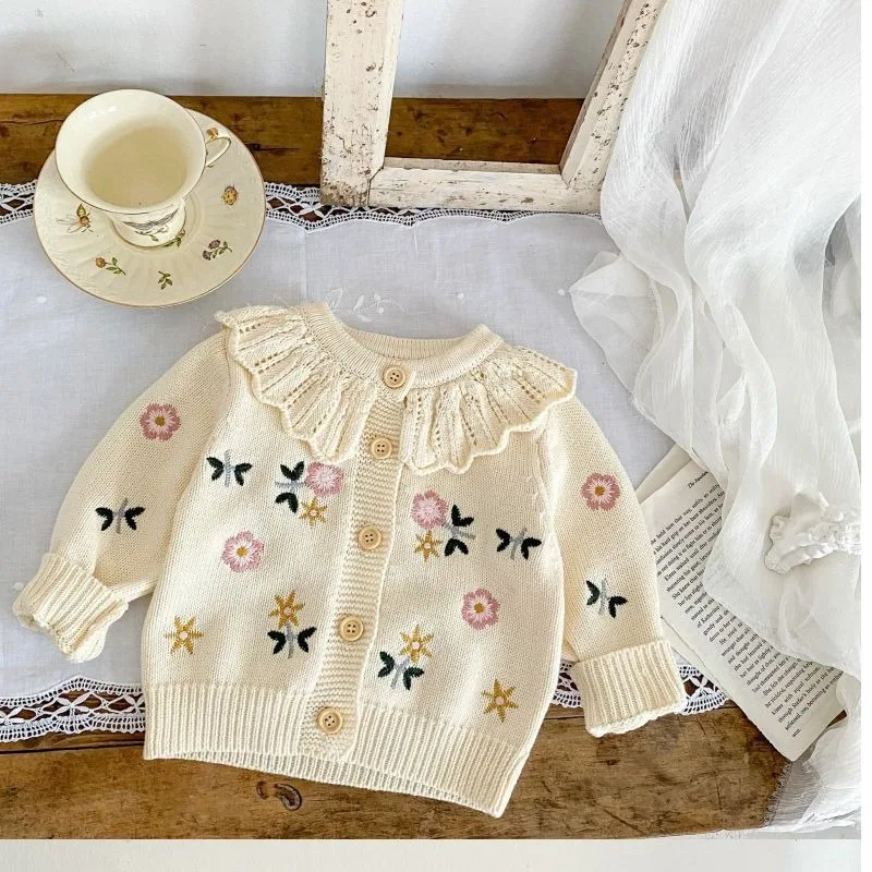 UNITIM Autumn Kids Girl Cardigan Versatile Flower Embroidery Infant Baby Girls Knitwear Coat 1-7Y Children Girl Sweater Cardigan