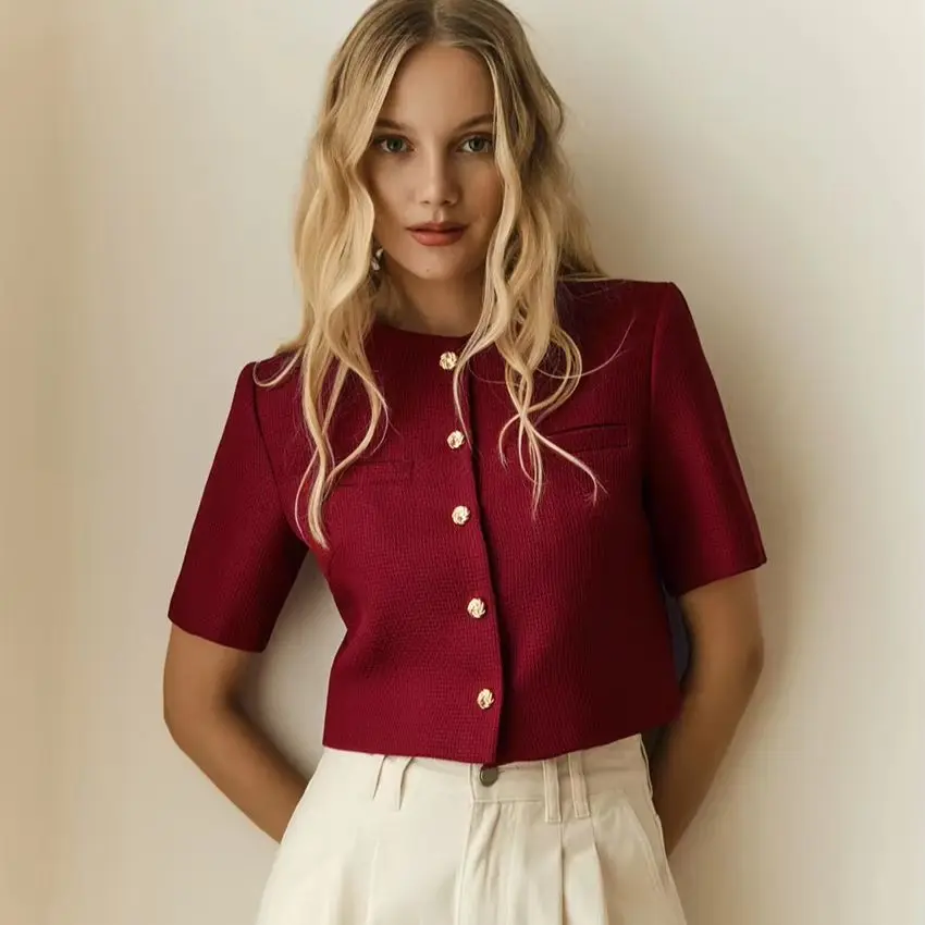 

WXOY Women Vintage Tweed Cropped Top Short Sleeve Button Down Blouses Elegant Chic Jacket Daily City Wear Modern Fashion