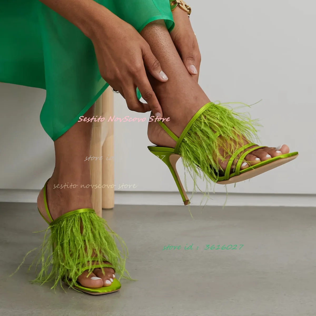 

Green Tassels Sandals Satin Strappy Cutouts Stiletto High Heels Square Open Toe Sexy Women Dress Party Summer Causal Shoes
