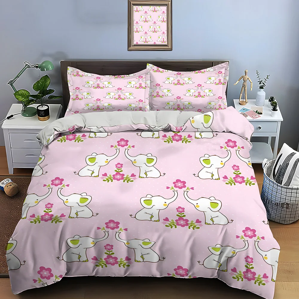 

Pink cartoon elephants with flowers Pattern Duvet Cover Set Digital Print Polyester Bedding with Zipper Closur for kids gifts
