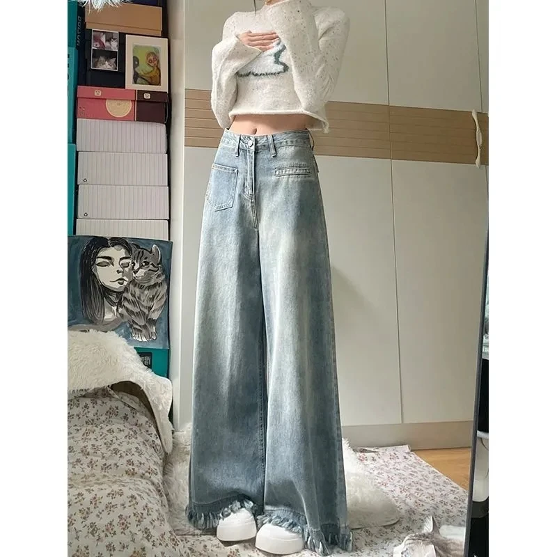 

Vintage Tassel Baggy Wide Leg Jeans Women Straight Loose Casual High Waist Washed Denim Pants Trousers Streetwear Vaqueros Y2k