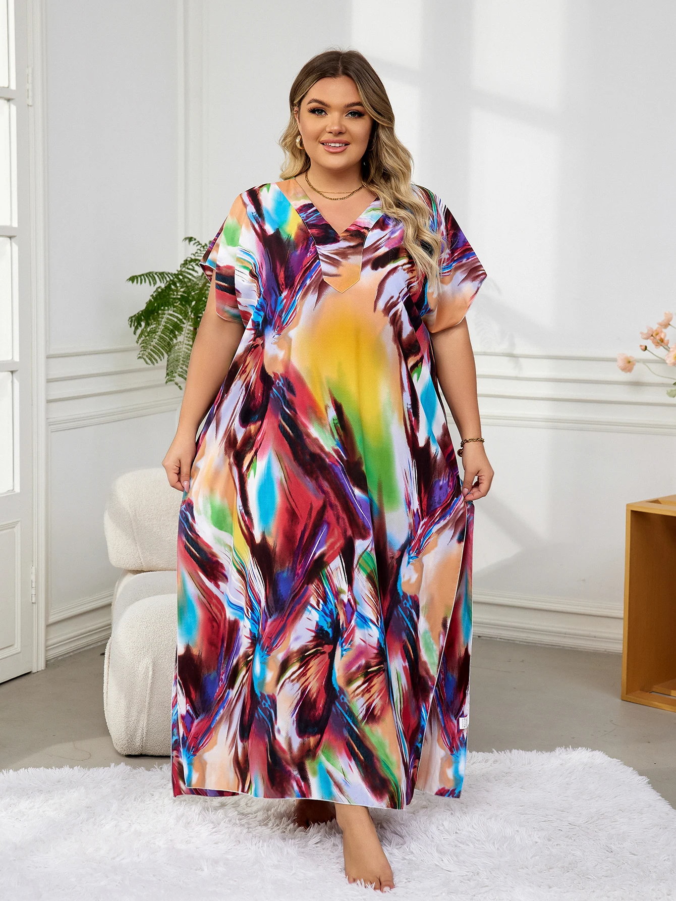 Bohemian Printed Plus Size Sexy V Neck Short Sleeve Loose Dress Tunic For Women 2024 Summer Beachwear Moo Moo Dresses Q831