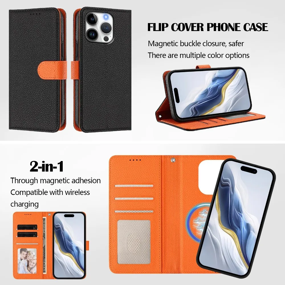 2 in 1 Detachable Solid Color Litchi Pattern Flip Phone Cover for iPhone Air 17 16 15 14 Plus 13 12 11 Pro Max with Wrist Strap