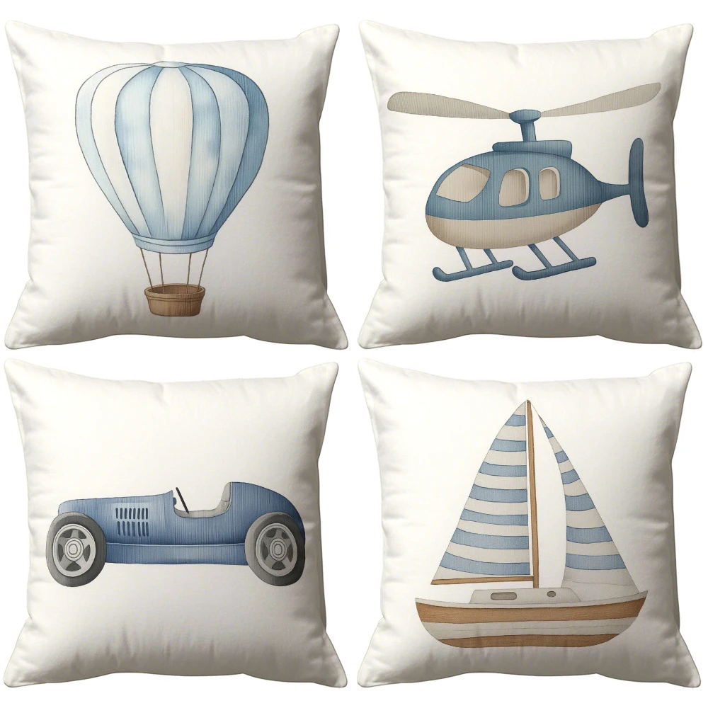 1PC 2D Flat Watercolor Throw Pillow Covers Race Car Sailboat Decorative Cushion Cases for Boys Bedroom Playroom No Pillow Core