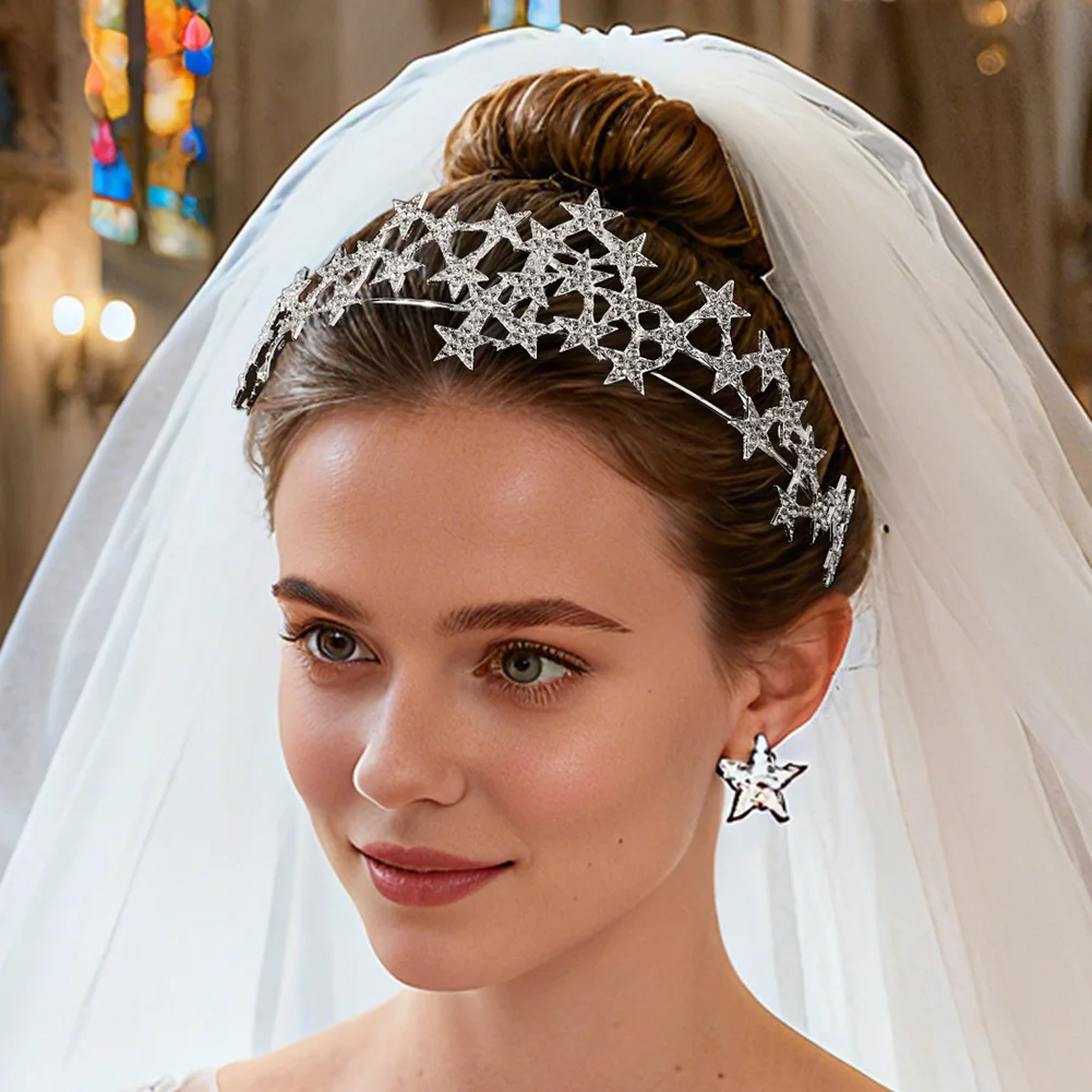 أنيقة سبيكة الكورية على غرار تاج العروس الزفاف نجمة رصع حجر الراين تيارا الشعر مجوهرات عيد ميلاد عقال للفتيات