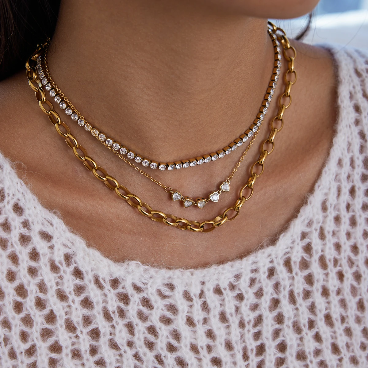 Uworld minimalista de moda 18K chapado en oro en forma de corazón circón collar de cadena de tenis impermeable joyería de acero inoxidable para niña