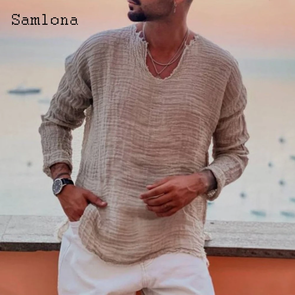 Samlona t-shirt Patchwork da uomo manica lunga moda top strappati 2022 pullover Casual estivi abbigliamento uomo Sexy arancione rosso