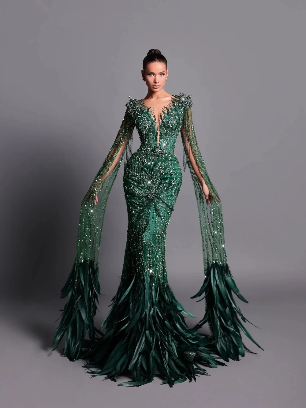 Wykwintne Kryształowe Sukienki Wieczorowe Sukienki Balowe z Cekinami i Piórami Sukienki na Imprezę Syrenka z Długimi Rękawami i Dekoltem w Serek Vestidos De Noche