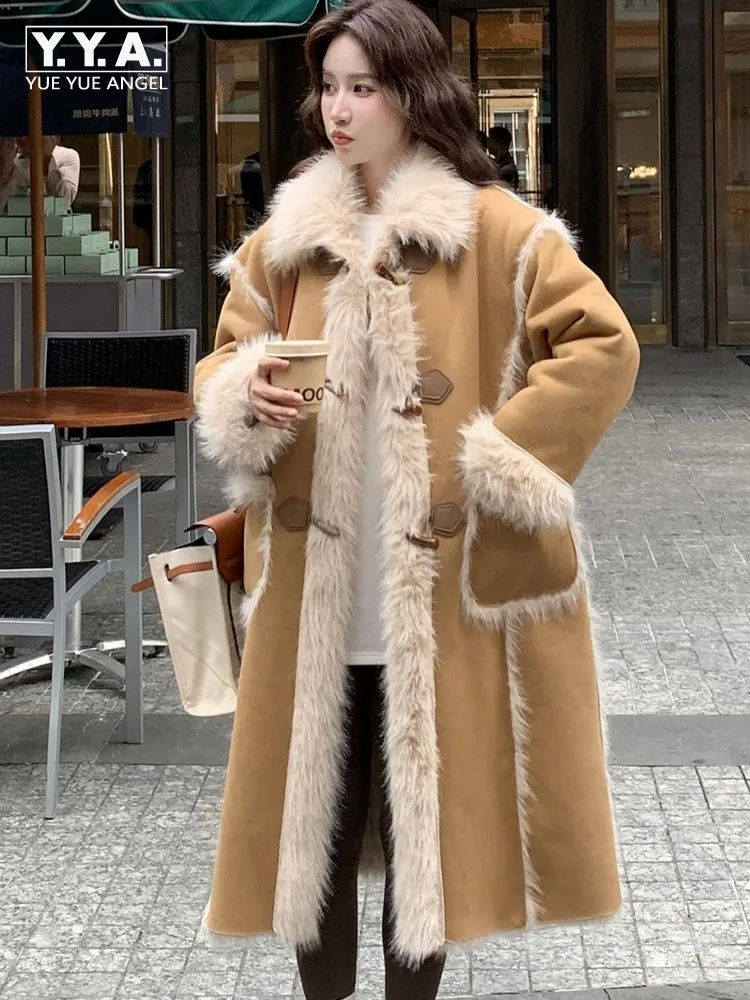

Women Faux Fur Parkas Winter Thicken Warm Long Coat Turndown Collar Horn Button Loose Fit Fashion Spliced Casual Overcoat Female