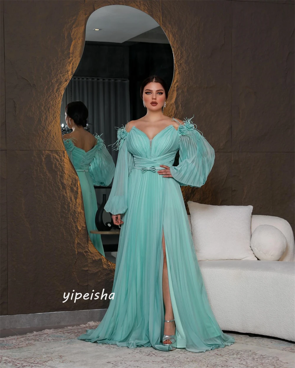 Gaun Prom Arab Saudi Crepe pita bunga terbungkus ulang tahun A-line bahu terbuka gaun acara Bespoke gaun panjang