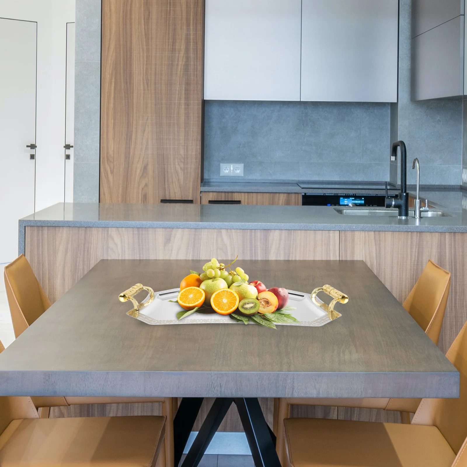 

Decorative Cake Tray Stainless Steel Appetizer Serving Plate with Handle for Wedding Hotel Dessert Display 35.7X25cm