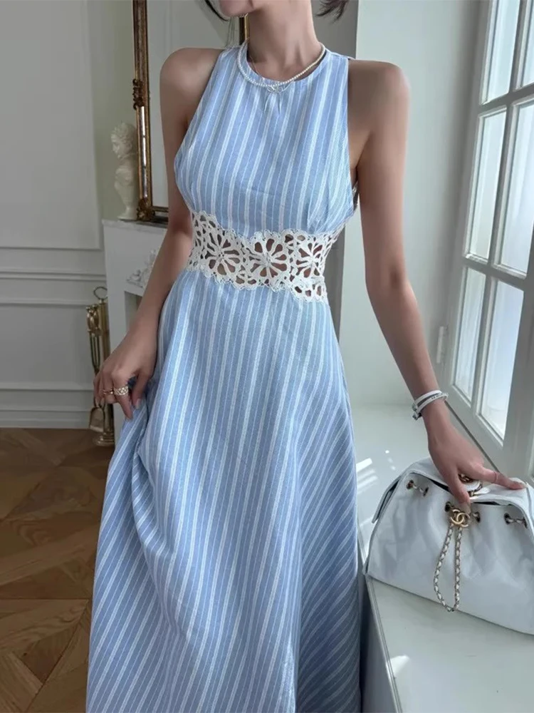 Liangliang été nouveau Sle femmes Dr évider dentelle épissage rayures Svel gilet Long Dr taille haute Version coréenne