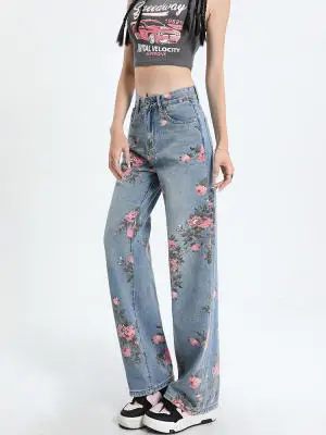 Large Size American Floral Loose Fitting Wide Leg Jeans for Women New High-quality Korean Street Casual Straight Leg Mop Pants