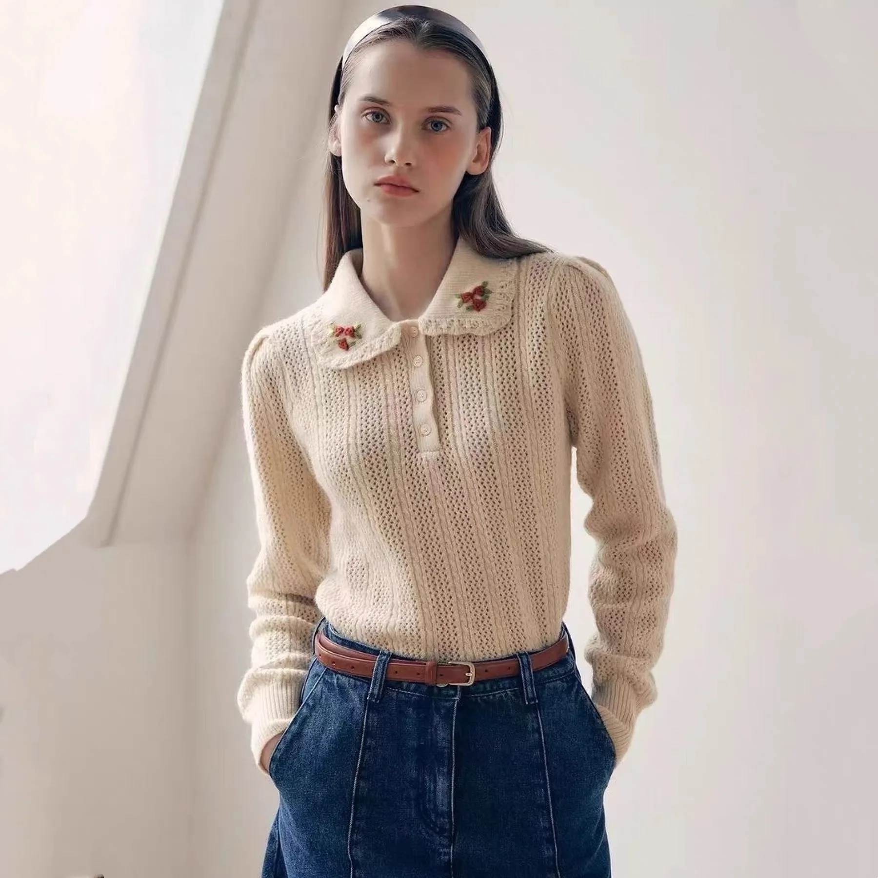 

Rola25 Вязаный топ с вышивкой и ажурным воротником Lemon Cheese Long Sve Women's Faion Commute Sle