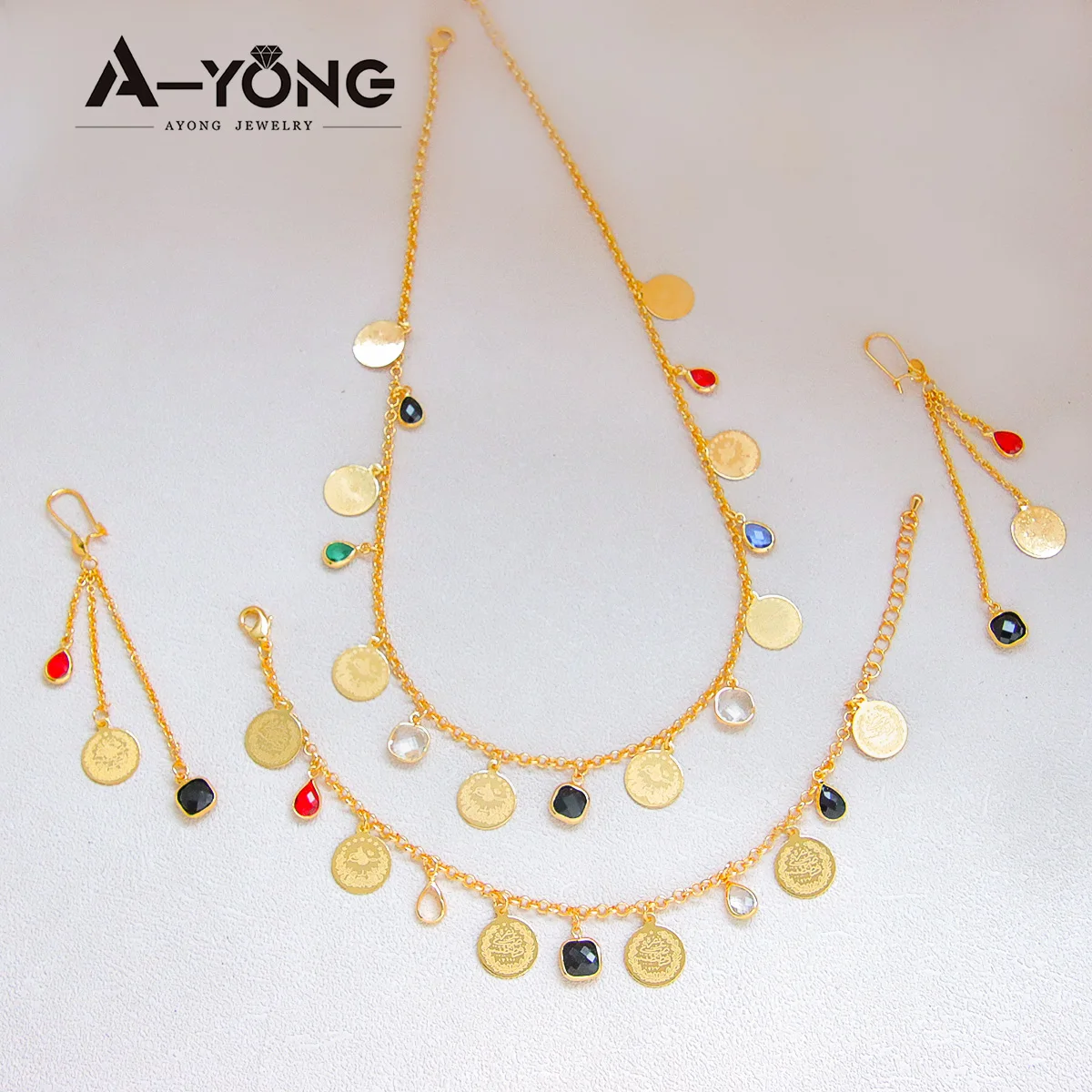 Luxus Algerien Braut Münzen Charm Schmuck 21k vergoldet Multi Farben Zirkonia Anhänger Halskette Kurdish Frauen Täglichen Schmuck – Detail 11