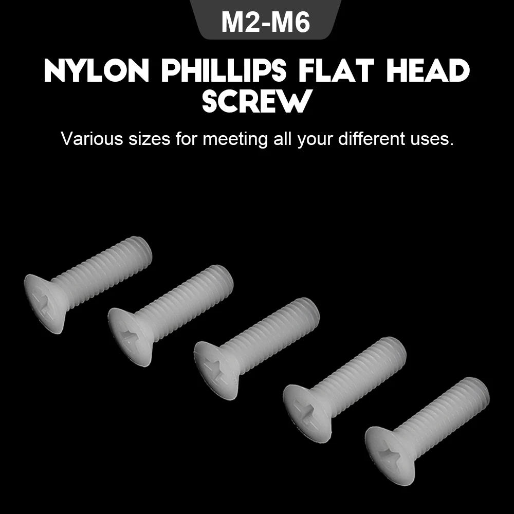 20-50 قطعة/الحزمة الصليب شقة رئيس البلاستيك آلة مسامير M2 M2.5 M3 M4 M5 M6 CSK رئيس مسامير النايلون الأبيض معزول فيليبس المسمار
