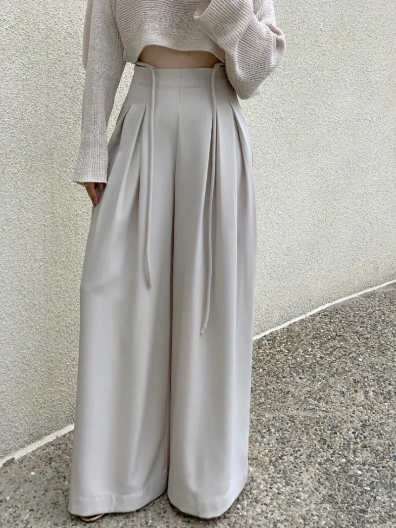 High Waist Pleated Pantalones Mujer Casual Wide Leg Pants Women 2024 New Straight Ropa Korean Drawstring Design Roupas