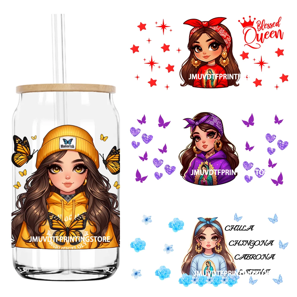 

Cool Queen Girl Chingona Latina Mexico UV DTF Sticker For 16OZ Libbey Glass Cup Can Wrap Transfer Sticker Custom Labels DIY Logo